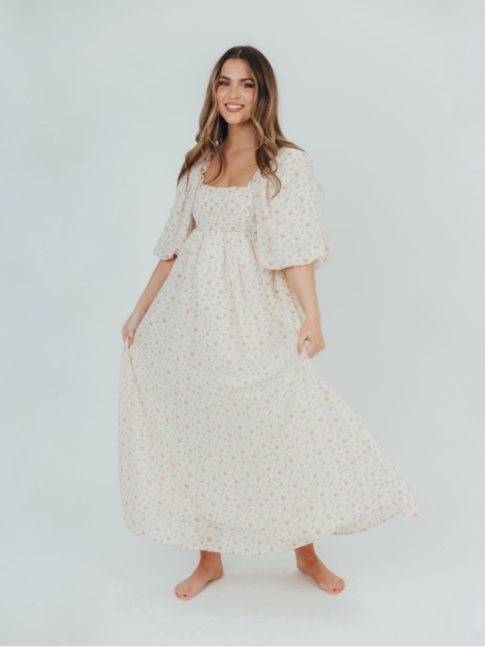 Worth Collective Melody Maxi Dress with Pleats and Bow Detail in Ivory Floral